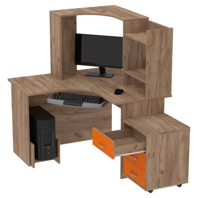 Компьютерный стол КП-СКЭ-4 цвет Дуб Крафт+Оранж 120/120/141 см